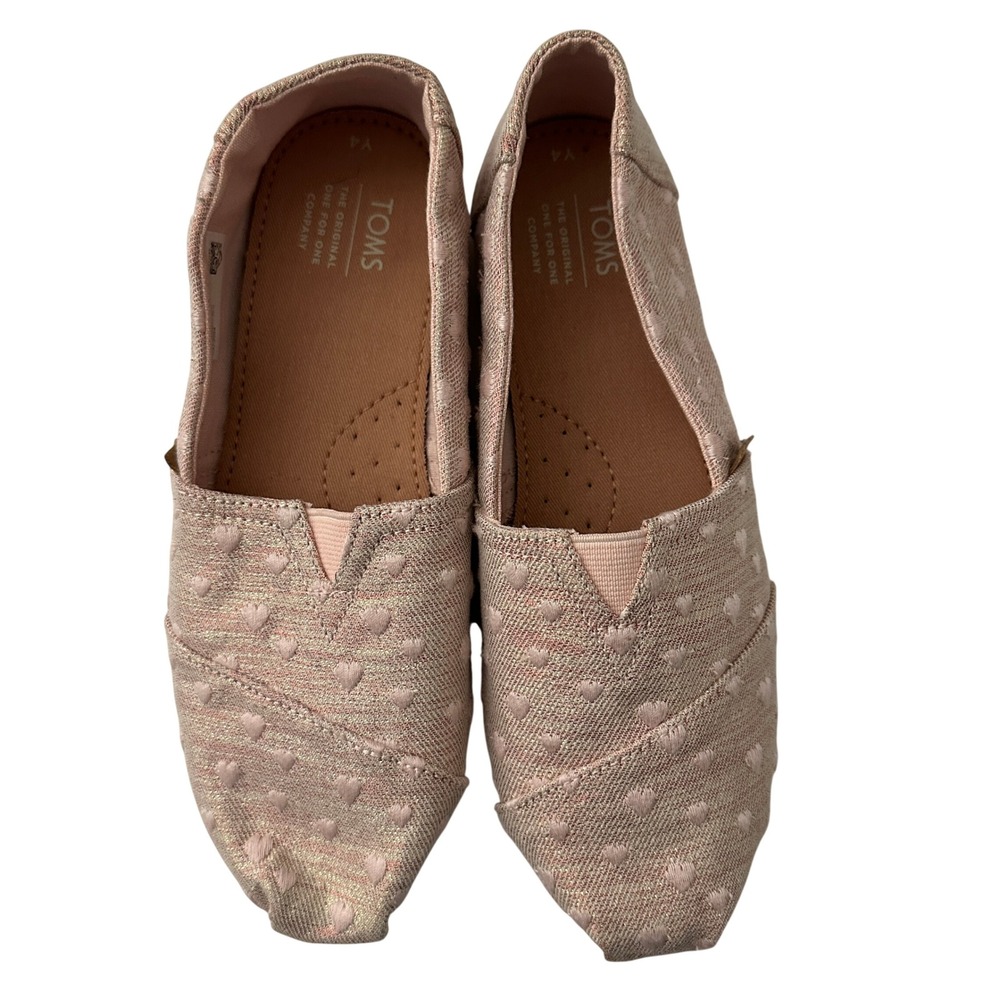 TOMS Kids Shoes Pink Heart Print Slip On Flats Size Y4